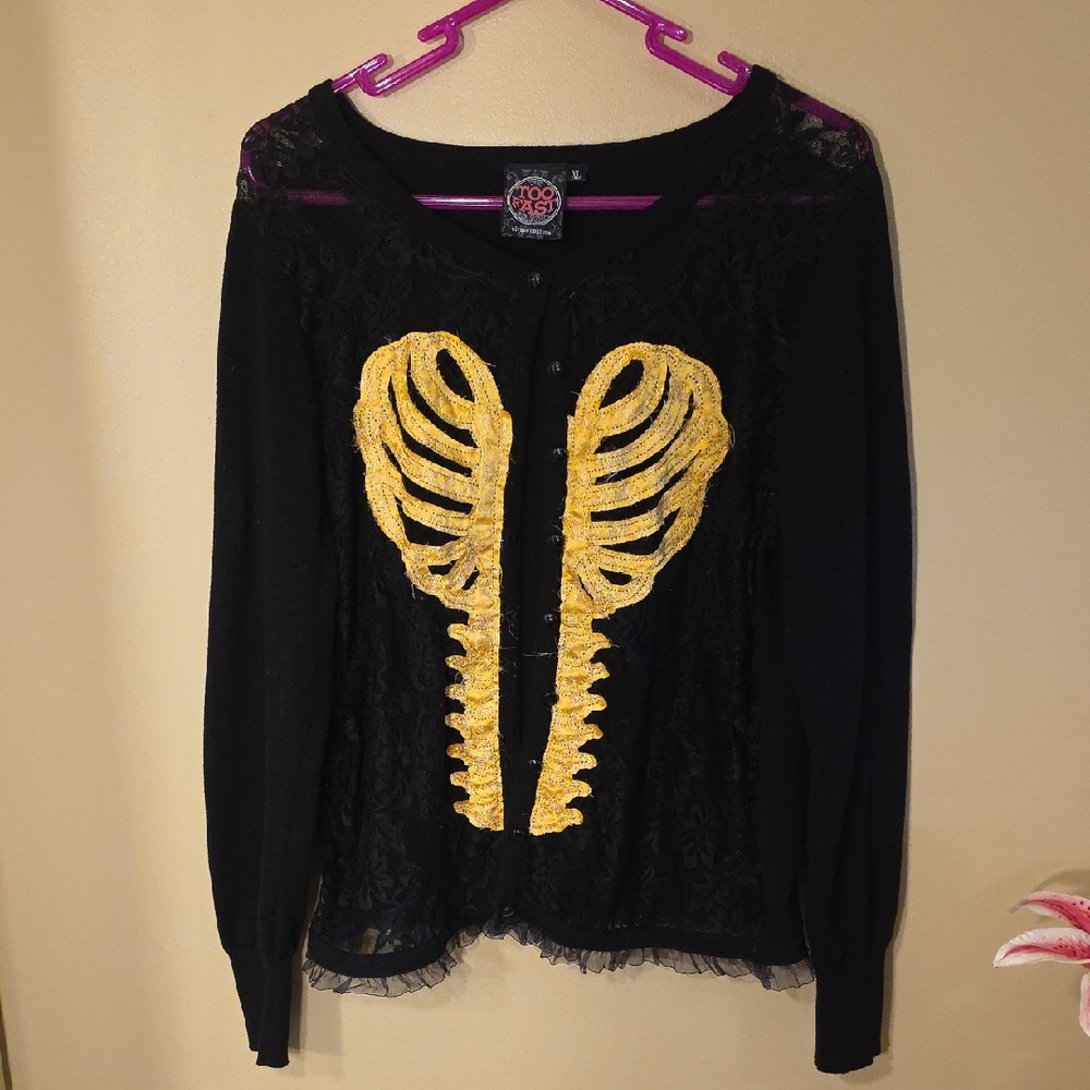 Too Fast Black and Gold Skeleton Button Down Cardigan